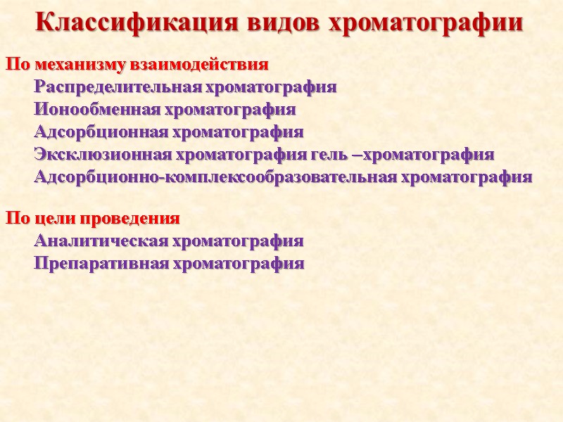 Классификация видов хроматографии По механизму взаимодействия Распределительная хроматография Ионообменная хроматография Адсорбционная хроматография Эксклюзионная хроматография